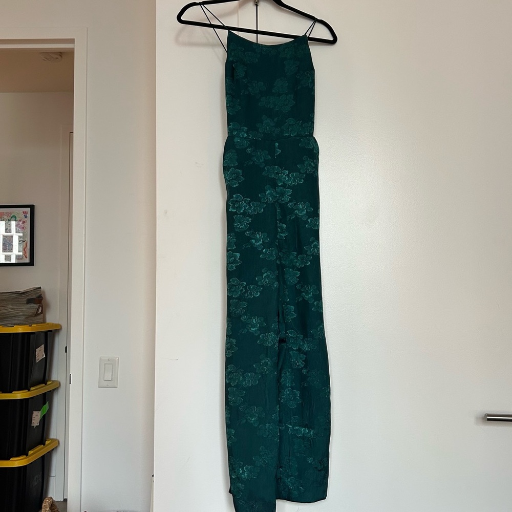 Urban Outfitters Teal Satin Floral Jumpsuit with Lace Up Back